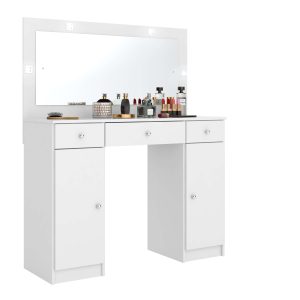 tocador moderno, tocador con espejo, tocador con luces LED, tocador funcional, tocador con cajones, mueble de tocador, tocador con divisiones, tocador blanco, tocador para dormitorio, tocador práctico.