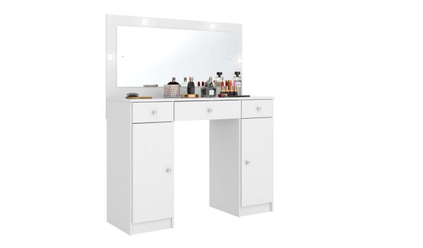 tocador moderno, tocador con espejo, tocador con luces LED, tocador funcional, tocador con cajones, mueble de tocador, tocador con divisiones, tocador blanco, tocador para dormitorio, tocador práctico.