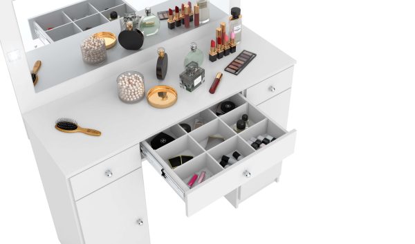 tocador moderno, tocador con espejo, tocador con luces LED, tocador funcional, tocador con cajones, mueble de tocador, tocador con divisiones, tocador blanco, tocador para dormitorio, tocador práctico.