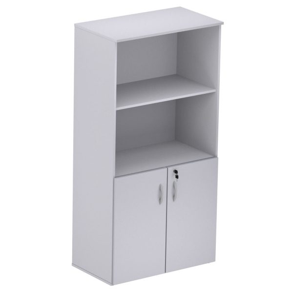 armario semi abierto, almacenamiento de oficina, mueble con estantes, mueble con puertas, organización de oficina, almacenamiento accesible.