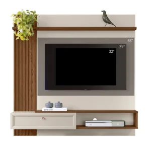 Alvorada 1 panel para TV, mueble para TV de 55 pulgadas, panel con nicho, panel con pasacables, mueble moderno, panel con puerta abatible, panel Freijo, panel con repisa, mueble con detalles en madera.