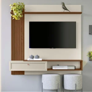 panel para TV, mueble para TV de 55 pulgadas, panel con nicho, panel con pasacables, mueble moderno, panel con puerta abatible, panel Freijo, panel con repisa, mueble con detalles en madera.