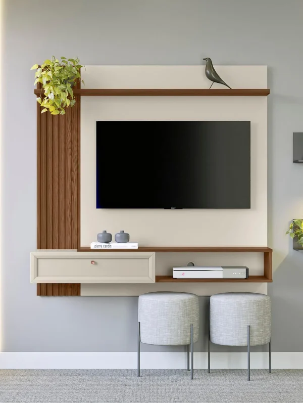 panel para TV, mueble para TV de 55 pulgadas, panel con nicho, panel con pasacables, mueble moderno, panel con puerta abatible, panel Freijo, panel con repisa, mueble con detalles en madera.