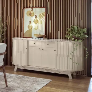 Buffet curvo, mueble de almacenamiento, diseño moderno, cajones, puertas flexibles, manijas de bronce, pie de palito, estilo europeo, funcionalidad y diseño.