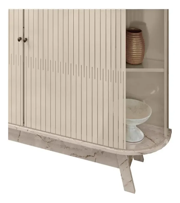 Buffet curvo, mueble de almacenamiento, diseño moderno, cajones, puertas flexibles, manijas de bronce, pie de palito, estilo europeo, funcionalidad y diseño.