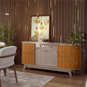 Buffet curvo, mueble de almacenamiento, diseño moderno, cajones, puertas flexibles, manijas de bronce, pie de palito, estilo europeo, funcionalidad y diseño.