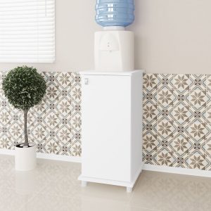 mueble compacto, mueble con puerta, mueble con estante, mueble para microondas, mueble para cocina, mueble blanco, mueble con manijas en ABS, mueble con patas de plástico.