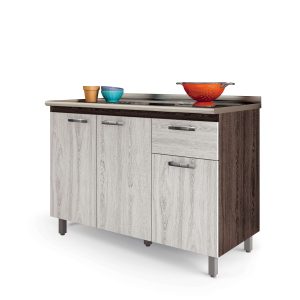 mueble de cocina, mueble con cajón, mueble con 3 puertas, mueble con patas regulables, mueble con manijas de plástico, mueble moderno, mueble en MDP, Balcon Pia Atlas, mueble para cocina Almendra, mueble Terraza/Arena, mueble Blanco.