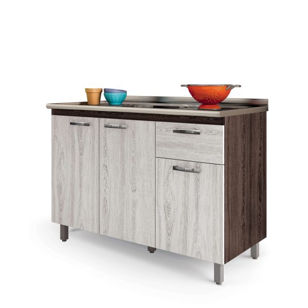 mueble de cocina, mueble con cajón, mueble con 3 puertas, mueble con patas regulables, mueble con manijas de plástico, mueble moderno, mueble en MDP, Balcon Pia Atlas, mueble para cocina Almendra, mueble Terraza/Arena, mueble Blanco.