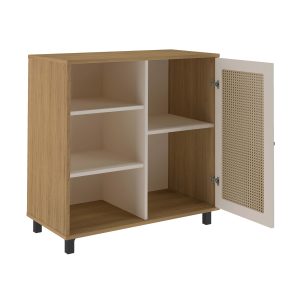 Buffet, mueble de almacenamiento, diseño 3D, nichos, bisagra metálica, madera, estilo moderno, almacenamiento funcional.