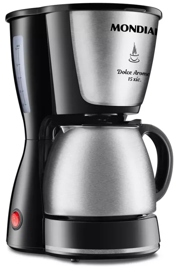 Cafetera Mondial, Cafetera 15 tazas, Cafetera de acero inoxidable, Cafetera de goteo, Cafetera con tapa abatible, Cafetera con placa calefactora, Cafetera para bebidas frías y calientes, Cafetera para casa, Cafetera fácil de limpiar, Mondial Dolce Arome.