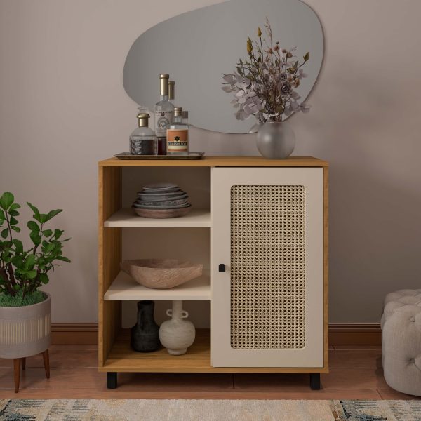 Buffet, mueble de almacenamiento, diseño 3D, nichos, bisagra metálica, madera, estilo moderno, almacenamiento funcional.