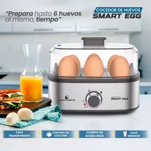 Comodidad y funcionalidad: Incluye una práctica taza medidora para que puedas añadir la cantidad exacta de agua, garantizando un proceso de cocción ideal. Además, cuenta con una función de alarma de sincronización con zumbador, que te avisa cuando los huevos están listos para servir, para que no te preocupes por el tiempo de cocción. Diseño práctico y fácil de limpiar: La tapa de plástico transparente extraíble te permite ver el progreso de la cocción, y la rejilla de cocción facilita la limpieza posterior. Compacto y eficiente, es el aparato ideal para cocinas pequeñas y para quienes buscan un proceso de cocción fácil y rápido. Características destacadas: Control de cocción ajustable para hervir los huevos a tu gusto. Placa calefactora de acero inoxidable para una cocción uniforme y rápida. Capacidad para hervir hasta 6 huevos a la vez. Práctica taza medidora incluida para añadir la cantidad exacta de agua. Función de alarma de sincronización con zumbador para avisarte cuando los huevos estén listos. Tapa de plástico transparente extraíble para monitorear la cocción. Rejilla de cocción para facilitar la limpieza. Prepara tus huevos de manera rápida y precisa con el Cocedor de Huevos Electrobras Smart Egg. ¡Una opción conveniente y eficiente para tu cocina! Palabras clave SEO: Cocedor de huevos Electrobras, Cocedor de huevos Smart Egg, hervidor de huevos 6 a la vez, Cocedor de huevos con control de cocción, Cocedor de huevos con zumbador, hervidor de huevos con tapa extraíble, cocedor de huevos con rejilla de cocción, Cocedor de huevos con placa de acero inoxidable, cocedor de huevos práctico, cocedor de huevos con taza medidora.