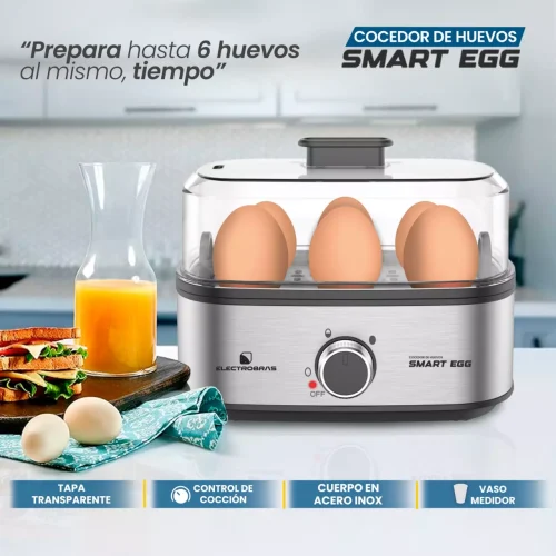 Comodidad y funcionalidad: Incluye una práctica taza medidora para que puedas añadir la cantidad exacta de agua, garantizando un proceso de cocción ideal. Además, cuenta con una función de alarma de sincronización con zumbador, que te avisa cuando los huevos están listos para servir, para que no te preocupes por el tiempo de cocción. Diseño práctico y fácil de limpiar: La tapa de plástico transparente extraíble te permite ver el progreso de la cocción, y la rejilla de cocción facilita la limpieza posterior. Compacto y eficiente, es el aparato ideal para cocinas pequeñas y para quienes buscan un proceso de cocción fácil y rápido. Características destacadas: Control de cocción ajustable para hervir los huevos a tu gusto. Placa calefactora de acero inoxidable para una cocción uniforme y rápida. Capacidad para hervir hasta 6 huevos a la vez. Práctica taza medidora incluida para añadir la cantidad exacta de agua. Función de alarma de sincronización con zumbador para avisarte cuando los huevos estén listos. Tapa de plástico transparente extraíble para monitorear la cocción. Rejilla de cocción para facilitar la limpieza. Prepara tus huevos de manera rápida y precisa con el Cocedor de Huevos Electrobras Smart Egg. ¡Una opción conveniente y eficiente para tu cocina! Palabras clave SEO: Cocedor de huevos Electrobras, Cocedor de huevos Smart Egg, hervidor de huevos 6 a la vez, Cocedor de huevos con control de cocción, Cocedor de huevos con zumbador, hervidor de huevos con tapa extraíble, cocedor de huevos con rejilla de cocción, Cocedor de huevos con placa de acero inoxidable, cocedor de huevos práctico, cocedor de huevos con taza medidora.