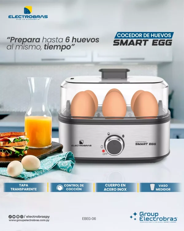 Comodidad y funcionalidad: Incluye una práctica taza medidora para que puedas añadir la cantidad exacta de agua, garantizando un proceso de cocción ideal. Además, cuenta con una función de alarma de sincronización con zumbador, que te avisa cuando los huevos están listos para servir, para que no te preocupes por el tiempo de cocción. Diseño práctico y fácil de limpiar: La tapa de plástico transparente extraíble te permite ver el progreso de la cocción, y la rejilla de cocción facilita la limpieza posterior. Compacto y eficiente, es el aparato ideal para cocinas pequeñas y para quienes buscan un proceso de cocción fácil y rápido. Características destacadas: Control de cocción ajustable para hervir los huevos a tu gusto. Placa calefactora de acero inoxidable para una cocción uniforme y rápida. Capacidad para hervir hasta 6 huevos a la vez. Práctica taza medidora incluida para añadir la cantidad exacta de agua. Función de alarma de sincronización con zumbador para avisarte cuando los huevos estén listos. Tapa de plástico transparente extraíble para monitorear la cocción. Rejilla de cocción para facilitar la limpieza. Prepara tus huevos de manera rápida y precisa con el Cocedor de Huevos Electrobras Smart Egg. ¡Una opción conveniente y eficiente para tu cocina! Palabras clave SEO: Cocedor de huevos Electrobras, Cocedor de huevos Smart Egg, hervidor de huevos 6 a la vez, Cocedor de huevos con control de cocción, Cocedor de huevos con zumbador, hervidor de huevos con tapa extraíble, cocedor de huevos con rejilla de cocción, Cocedor de huevos con placa de acero inoxidable, cocedor de huevos práctico, cocedor de huevos con taza medidora.