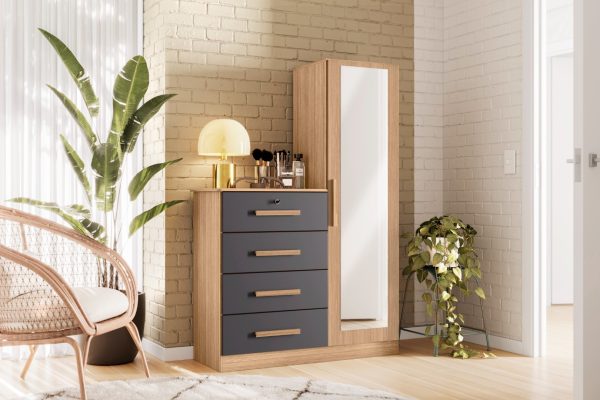 cómoda con espejo, cómoda con 4 cajones, cómoda con llave, mueble organizador, cómoda con correderas telescópicas, mueble multifuncional, cómoda moderna, mueble con espejo, organización de habitación.