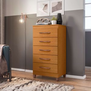 cómoda con 5 cajones, cómoda moderna, mueble de almacenamiento, cómoda con correderas metálicas, cómoda con manijas metalizadas, cómoda en cinamomo, cómoda en Color Flex, organización de habitación, cómoda para ropa, mueble de dormitorio.