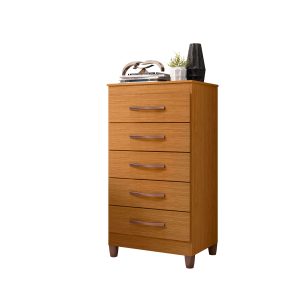 cómoda con 5 cajones, cómoda moderna, mueble de almacenamiento, cómoda con correderas metálicas, cómoda con manijas metalizadas, cómoda en cinamomo, cómoda en Color Flex, organización de habitación, cómoda para ropa, mueble de dormitorio.