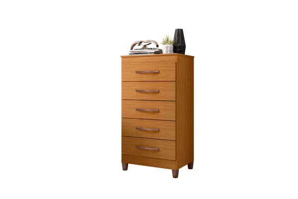 cómoda con 5 cajones, cómoda moderna, mueble de almacenamiento, cómoda con correderas metálicas, cómoda con manijas metalizadas, cómoda en cinamomo, cómoda en Color Flex, organización de habitación, cómoda para ropa, mueble de dormitorio.