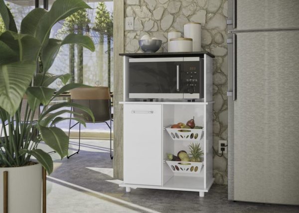 frutera, mueble para microondas, mueble para horno, mueble funcional, frutera con cestas, mueble compacto, mueble blanco, mueble Carvalho, mueble con manijas de plástico, frutera Malu.