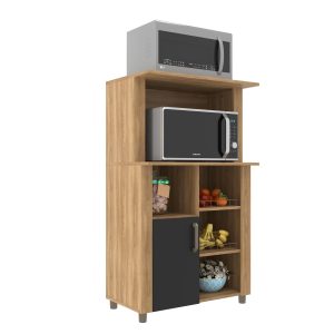 LYON NOGAL PRETO INFINITO mueble multiuso, mueble para microondas, mueble para horno, mueble con 4 nichos, mueble con estante interno, mueble de cocina, mueble funcional, mueble moderno, mueble blanco, mueble negro, mueble con patas de plástico.