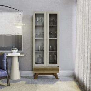 Cristalera, diseño retro, muebles modernos, estantes de vidrio, cristalería, almacenamiento, decoración de sala, mueble elegante, manijas cobre. 