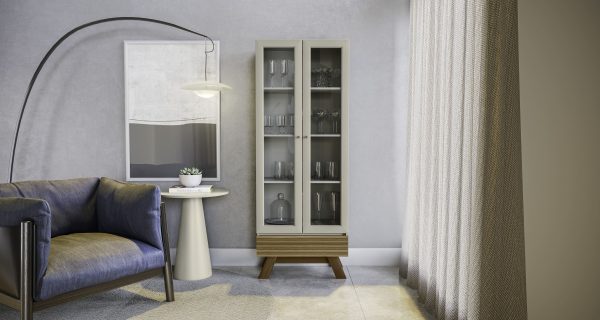 Cristalera, diseño retro, muebles modernos, estantes de vidrio, cristalería, almacenamiento, decoración de sala, mueble elegante, manijas cobre. 