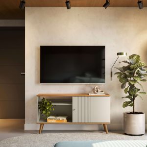 rack para TV, rack con puerta corrediza, rack con detalles frizados, rack con manijas cobre, mueble retro, rack compacto, rack funcional, rack moderno, rack estilo retro.
