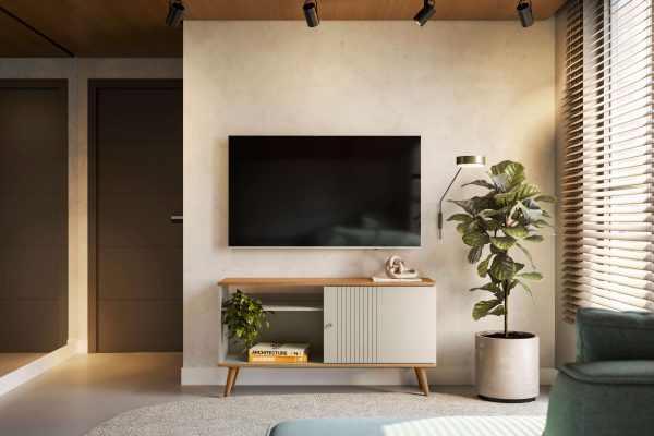 rack para TV, rack con puerta corrediza, rack con detalles frizados, rack con manijas cobre, mueble retro, rack compacto, rack funcional, rack moderno, rack estilo retro.