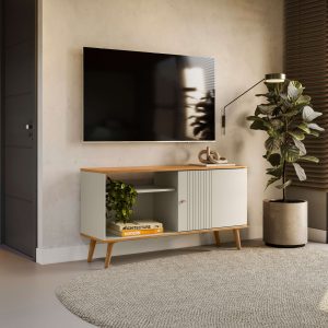 rack para TV, rack con puerta corrediza, rack con detalles frizados, rack con manijas cobre, mueble retro, rack compacto, rack funcional, rack moderno, rack estilo retro.