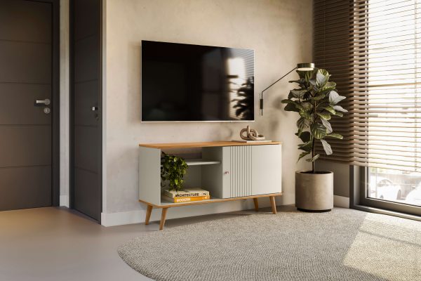 rack para TV, rack con puerta corrediza, rack con detalles frizados, rack con manijas cobre, mueble retro, rack compacto, rack funcional, rack moderno, rack estilo retro.