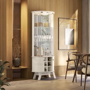 Cristalera, diseño curvo, muebles modernos, cristalería, estantes de vidrio, luz LED, muebles de lujo, decoración de sala, espejo lateral, estante para botellas.