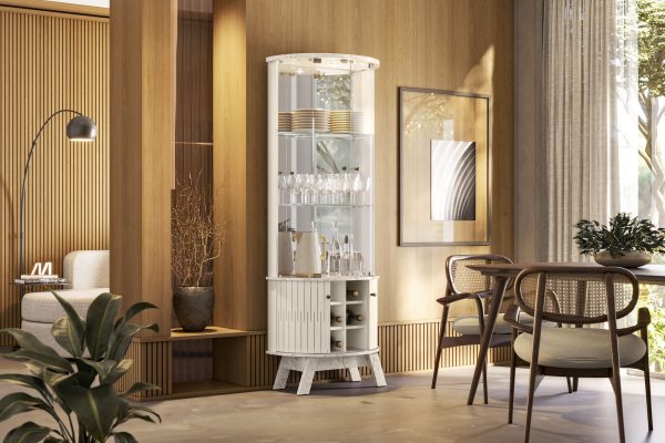Cristalera, diseño curvo, muebles modernos, cristalería, estantes de vidrio, luz LED, muebles de lujo, decoración de sala, espejo lateral, estante para botellas.