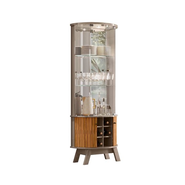 Cristalera, diseño curvo, muebles modernos, cristalería, estantes de vidrio, luz LED, muebles de lujo, decoración de sala, espejo lateral, estante para botellas.