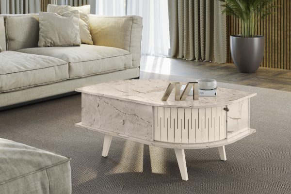 Mesa Centro, mesa de centro moderna, mesa con diseño curvo, mesa de salón elegante, mesa con puerta flexible, mesa con estructura de MDP, mesa decorativa, mueble moderno.