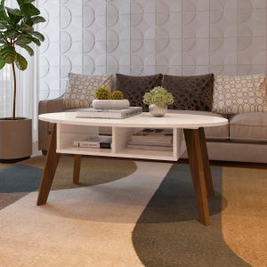 La Mesa Centro Diva combina elegancia y funcionalidad. Con tapa ovalada en MDF y 2 nichos estratégicos, ofrece almacenamiento adicional para tus objetos decorativos. Sus pies de MDF de 25 mm y acabado con pintura UV la hacen resistente y moderna, perfecta para cualquier salón.