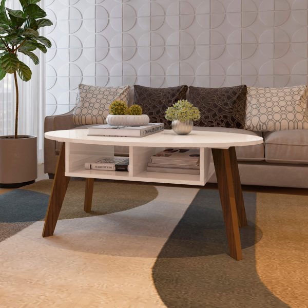 La Mesa Centro Diva combina elegancia y funcionalidad. Con tapa ovalada en MDF y 2 nichos estratégicos, ofrece almacenamiento adicional para tus objetos decorativos. Sus pies de MDF de 25 mm y acabado con pintura UV la hacen resistente y moderna, perfecta para cualquier salón.