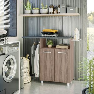 planchador, mesa de planchar, mueble organizador, lavandería, soporte para plancha, colgador de ropa, almacenamiento, mueble práctico, diseño funcional, mueble compacto.
