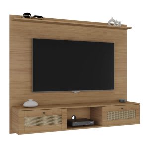 clave: panel para TV 72”, mueble con soporte para TV, estante con cajones, decoración sala moderna.
