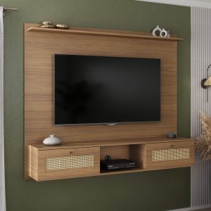 clave: panel para TV 72”, mueble con soporte para TV, estante con cajones, decoración sala moderna.