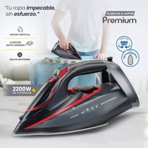 Plancha a vapor, plancha eléctrica de 2200W, plancha con base cerámica, plancha auto limpiable, plancha con vapor vertical, plancha con salva botones, plancha para ropa eficiente, plancha de alta potencia, plancha compacta, plancha de ropa fácil de usar.