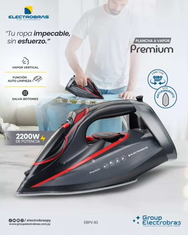 Plancha a vapor, plancha eléctrica de 2200W, plancha con base cerámica, plancha auto limpiable, plancha con vapor vertical, plancha con salva botones, plancha para ropa eficiente, plancha de alta potencia, plancha compacta, plancha de ropa fácil de usar.