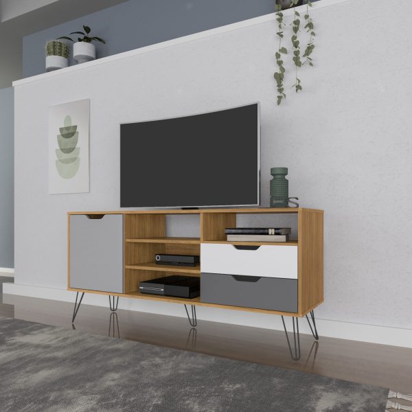 Rack para TV, mueble moderno, rack con nichos, rack con cajones, rack Estocolmo, rack para salón, rack con pies metálicos.
