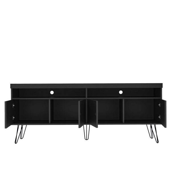rack para TV, mueble para TV grande, rack retro, rack funcional, mueble con 4 puertas, rack con nichos, diseño moderno, rack con pies metálicos, mueble de madera.