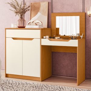tocador moderno con escritorio, mueble 2 en 1, tocador con espejo y organizador.