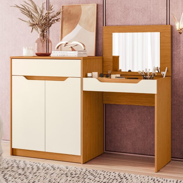tocador moderno con escritorio, mueble 2 en 1, tocador con espejo y organizador.