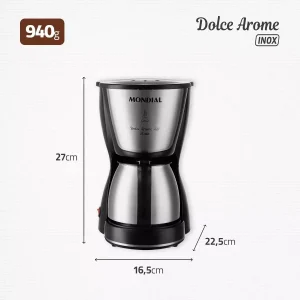 Cafetera Mondial, Cafetera 15 tazas, Cafetera de acero inoxidable, Cafetera de goteo, Cafetera con tapa abatible, Cafetera con placa calefactora, Cafetera para bebidas frías y calientes, Cafetera para casa, Cafetera fácil de limpiar, Mondial Dolce Arome.