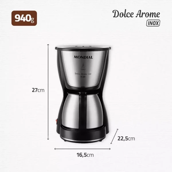Cafetera Mondial, Cafetera 15 tazas, Cafetera de acero inoxidable, Cafetera de goteo, Cafetera con tapa abatible, Cafetera con placa calefactora, Cafetera para bebidas frías y calientes, Cafetera para casa, Cafetera fácil de limpiar, Mondial Dolce Arome.