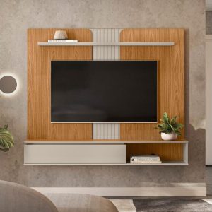 panel para TV, mueble para TV grande, panel con estante, panel con puertas basculantes, mueble moderno, diseño con acabado biselado, panel con frisos redondeados, panel con almacenamiento, panel de hasta 65 pulgadas.