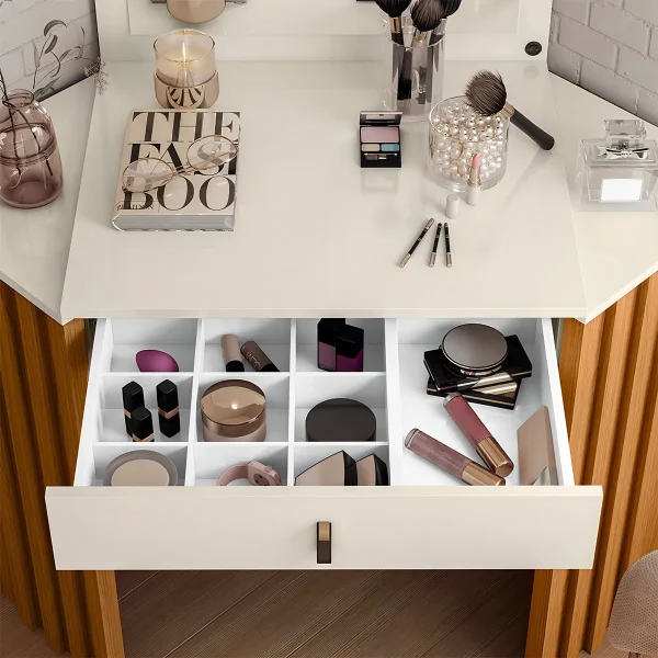 tocador moderno, tocador con LED, tocador con cajón, tocador de lujo, tocador con rieles telescópicos, mueble de dormitorio, tocador elegante, tocador con espejo atornillado, tocador funcional, tirador de piel sintética.